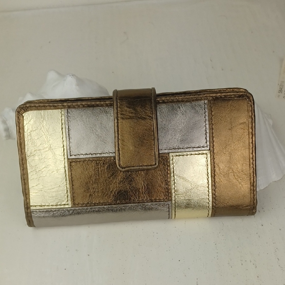 VTG Style Fossil Gold Bronze & Brown Genuine Leather Dynamic Design Wallet NWOT